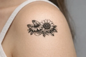 Coneflower and sunflower with feathers and female Indian headband ribboned through tattoo idea