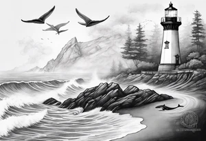 Lighthouse on a beach with light on in the fog and a humpback whale's tail sticking out of the water of the ocean with a border containing an anchor and orchids tattoo idea