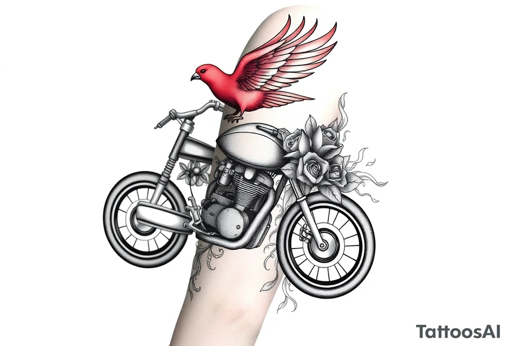 Motorcycle with a red bird flying with roses and lace with flames tattoo idea