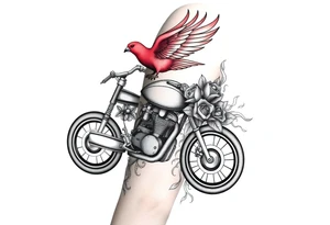 Motorcycle with a red bird flying with roses and lace with flames tattoo idea