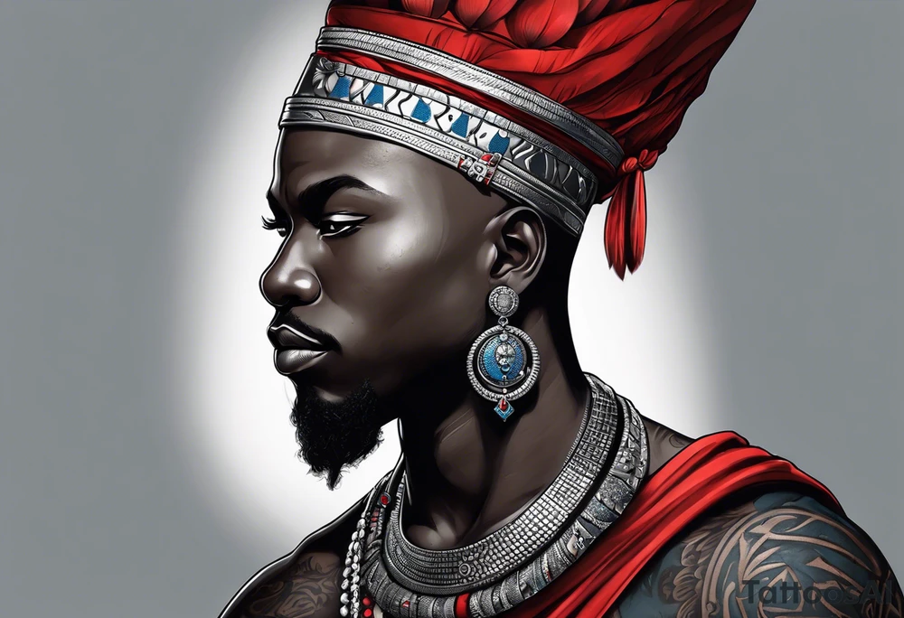 Black-skinned bald african warrior. He wears  a small silver crown. He wears two simple necklaces: one blue, other red. tattoo idea