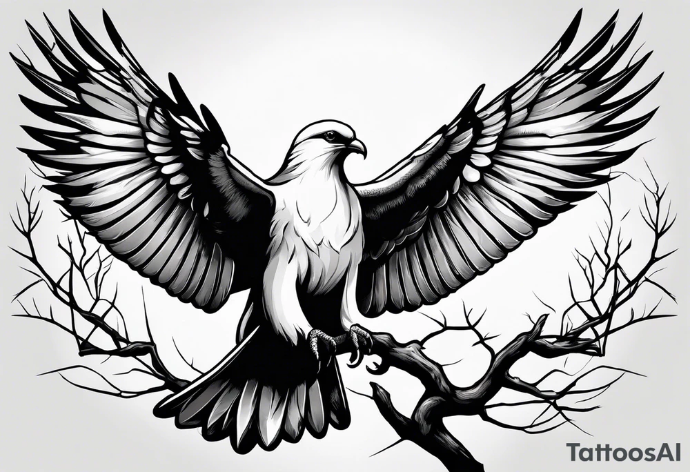 Dove sitting on a branch in the distance with an eagle approaching tattoo idea