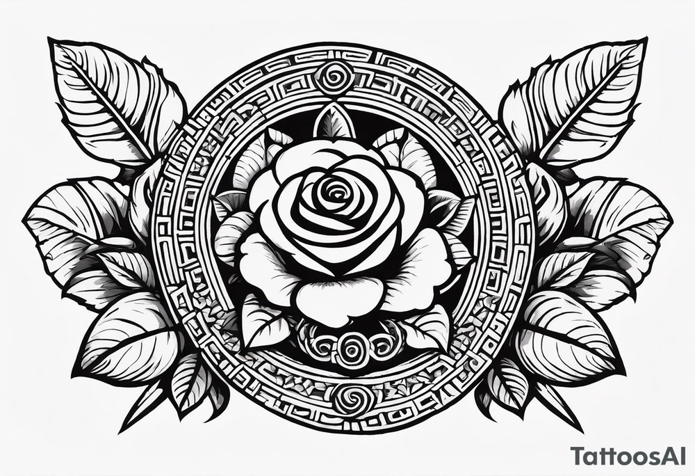 Design a masculine tattoo depicting three delicate rose buds being embraced and protected by a pile of Aztec weapons. The weapons should include elements such as the macuahuitl (Aztec sword-club), obsidian blades, and shields, arranged in a way that forms a protective circle or embrace around the roses. Carve the entire image as if it were a stone sculpture by an ancient Aztec artist, with the texture resembling intricately detailed stone carvings. The roses should be slightly softer but still stylized in stone, giving the entire tattoo a powerful, yet artistic and ancient feel. Use bold, sharp lines to capture the essence of Aztec craftsmanship tattoo idea