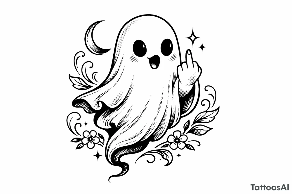 Spooky cute ghost giving middle finger, vintage tattoo flash. tattoo idea