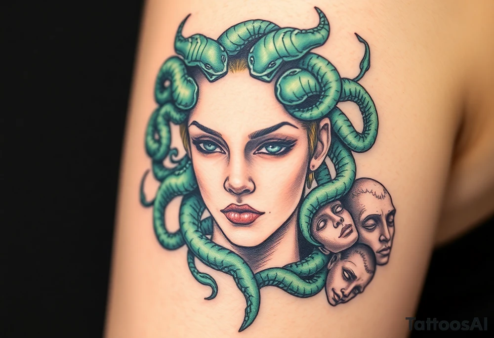 A detailed Medusa portrait with emerald-green serpents, her gaze hypnotic, surrounded by shattered stone faces of her victims tattoo idea