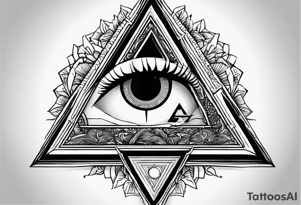 triangle tattoo with eye inside in arabic letters. Inside the iris create a clock. the pupil loophole. tattoo idea