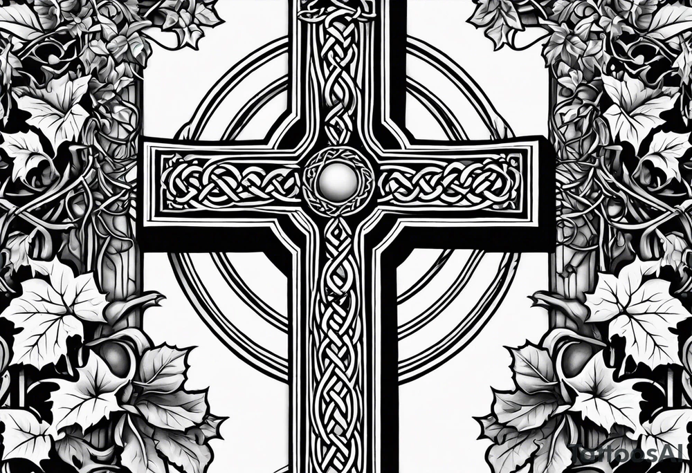 Celtic cross overgrown with ivy tattoo idea