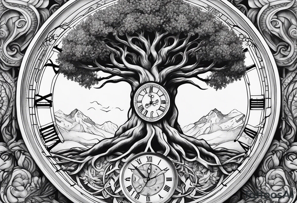 Yggdrasil with an old watch face behind it tattoo idea