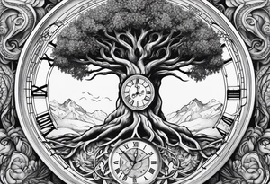 Yggdrasil with an old watch face behind it tattoo idea
