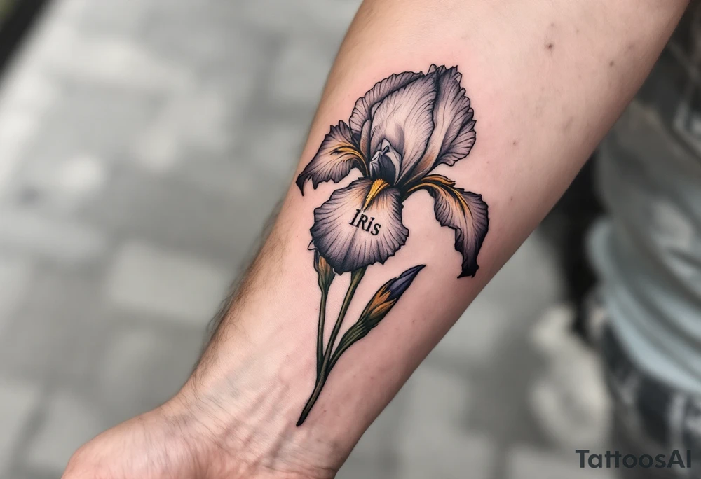 big iris flower with the name “IRIS” written in the stem of the flower in cursive on the outside of the forearm tattoo idea