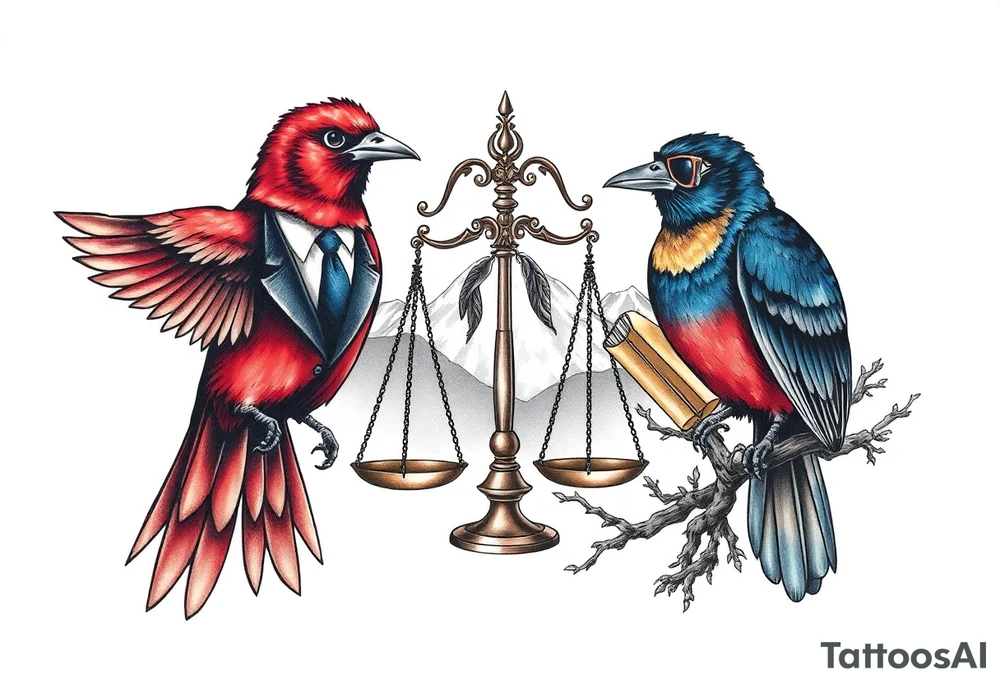 one of the birds red wearing a suit, other bird navy blue with glasses or holding a book, scales of justice built into a tree, starry night painting and mountain background tattoo idea