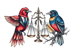 one of the birds red wearing a suit, other bird navy blue with glasses or holding a book, scales of justice built into a tree, starry night painting and mountain background tattoo idea