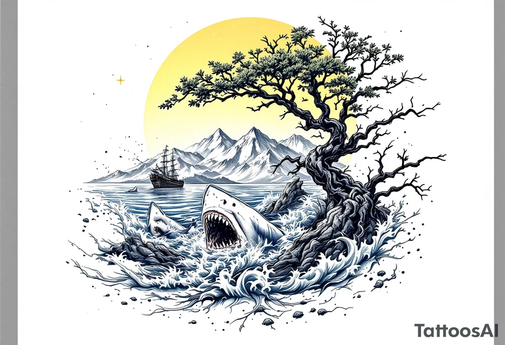 tattoo that has an acacia tree with mountains, ocean with a ship wreck with sharks and the northern star tattoo idea