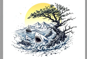 tattoo that has an acacia tree with mountains, ocean with a ship wreck with sharks and the northern star tattoo idea