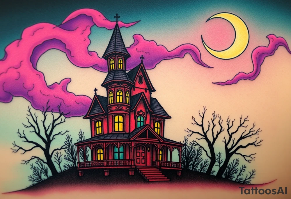 Tim Burton’s haunted victorian home is abandoned and dripping with muted reds, dusty pinks, and eerie green glow.purple and cyan smokey clouds swirl in the crescent moonlit sky thats sprinkled with stars tattoo idea tattoo idea