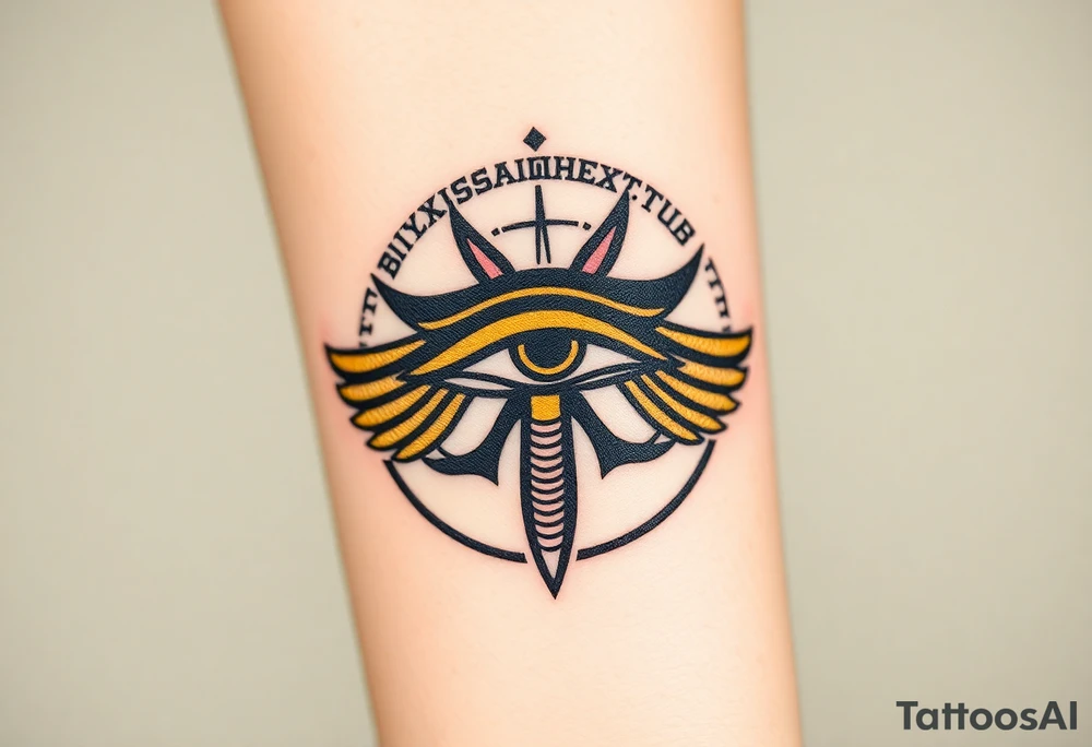 A bold black and gold Eye of Horus, with intricate hieroglyphs in the background tattoo idea