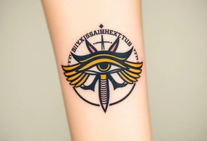 A bold black and gold Eye of Horus, with intricate hieroglyphs in the background tattoo idea