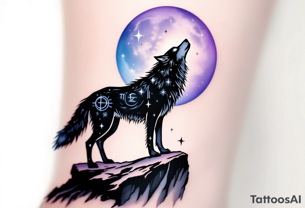 Mystic wolf with glowing white eyes, standing on a cliff under a purple and blue magical moon, surrounded by faint rune symbols. tattoo idea