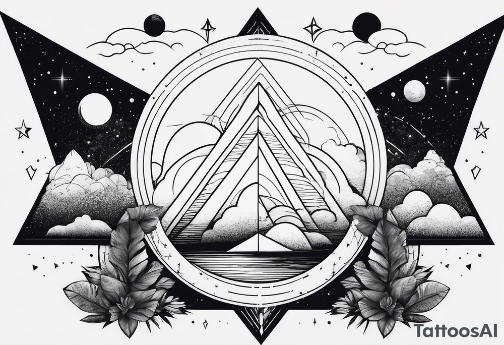 minimal thick line art of space and nature in triangle shape tattoo idea