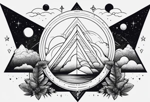 minimal thick line art of space and nature in triangle shape tattoo idea