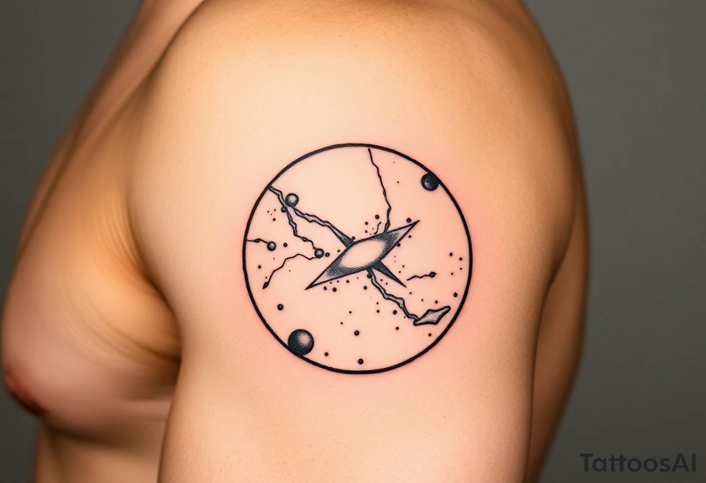 A galaxy themed tattoo, bordered with a oval shaped frame tattoo idea