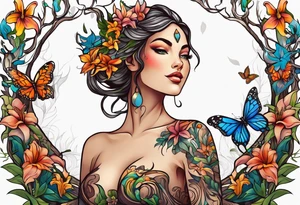 Wood nymph made or bark and branches standing upright. Full body view and curvy. Butterflies in background. Lillies near her feet with colorful vegetation. tattoo idea