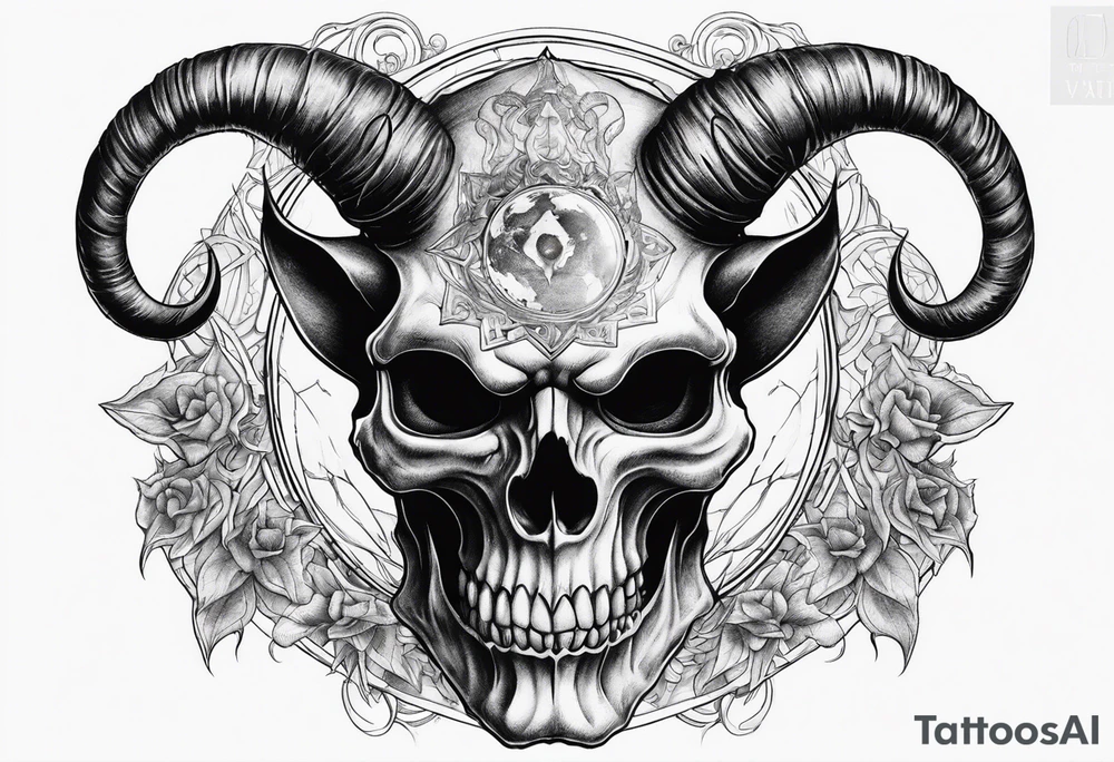 Devil skull  with hollow eyes and  horns holding the earth tattoo idea