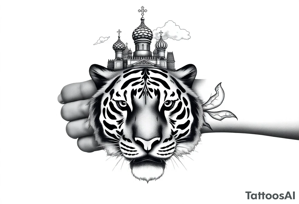 Realistic tiger face on the back of the hand with strong contrast and fine detail with all black eyes. then a highly detailed Russian Orthodox cathedral sitting above on the top fore arm with onion domes and orthodox crosses, done in fine line, engraving-like style. Cohesive composition, black ink only, no color, high contrast, slightly aged, documentary-style, plain light background. with clouds above and a virgin mary tattoo idea