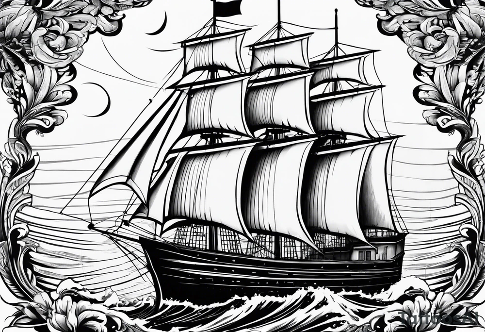 front bow sails. sail in the shape of a maritime lighthouse.phoenix drawn on the sail. tattoo idea