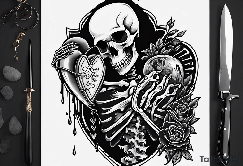depressed skeleton holding his heart in his hand with a knife through the heart tattoo idea