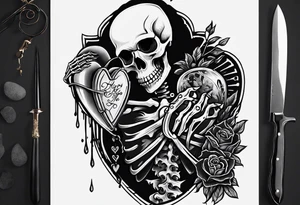depressed skeleton holding his heart in his hand with a knife through the heart tattoo idea
