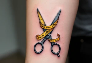 "Dvakrat mer, jednou rez." — A pair of measuring tapes entwined around scissors in steel-gray and yellow, with the phrase running along the blades. tattoo idea