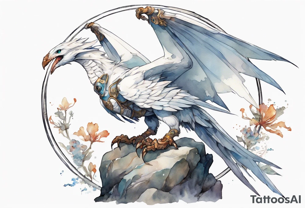 a white bird-wyvern hybrid, wearing an iron halo, perched on a stone tattoo idea