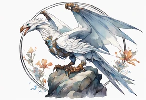 a white bird-wyvern hybrid, wearing an iron halo, perched on a stone tattoo idea