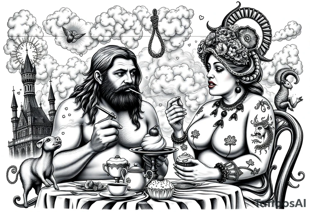 Mystical Naked Man and woman eating cupcakes fruit  having sex clouds gothic sexy naked fat lady having a tea party with tea pot and Victorian castle explosions
with a piggy, peacock, noose, lion, goat, smoking cigerettes looking in the mirror thru storm clouds with razor blades and broken hearts and darkness and wrath, envy , gluttony, greed, sloth, pride kill tattoo idea