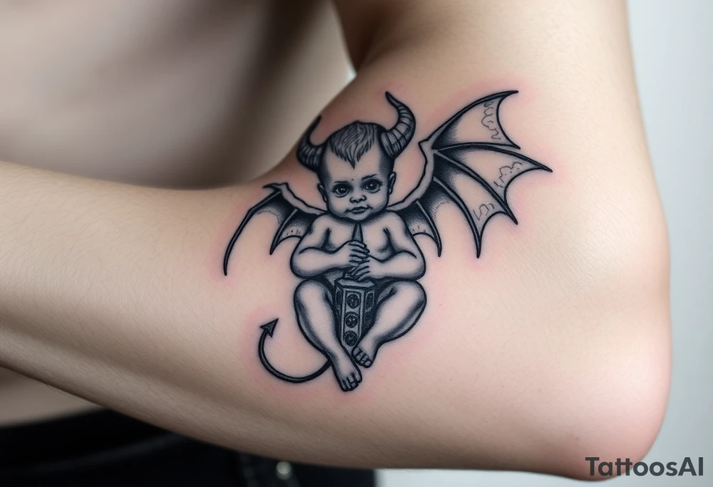 Demon baby with halo and angle wings and clock tower behind him tattoo idea