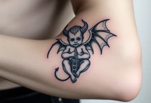 Demon baby with halo and angle wings and clock tower behind him tattoo idea