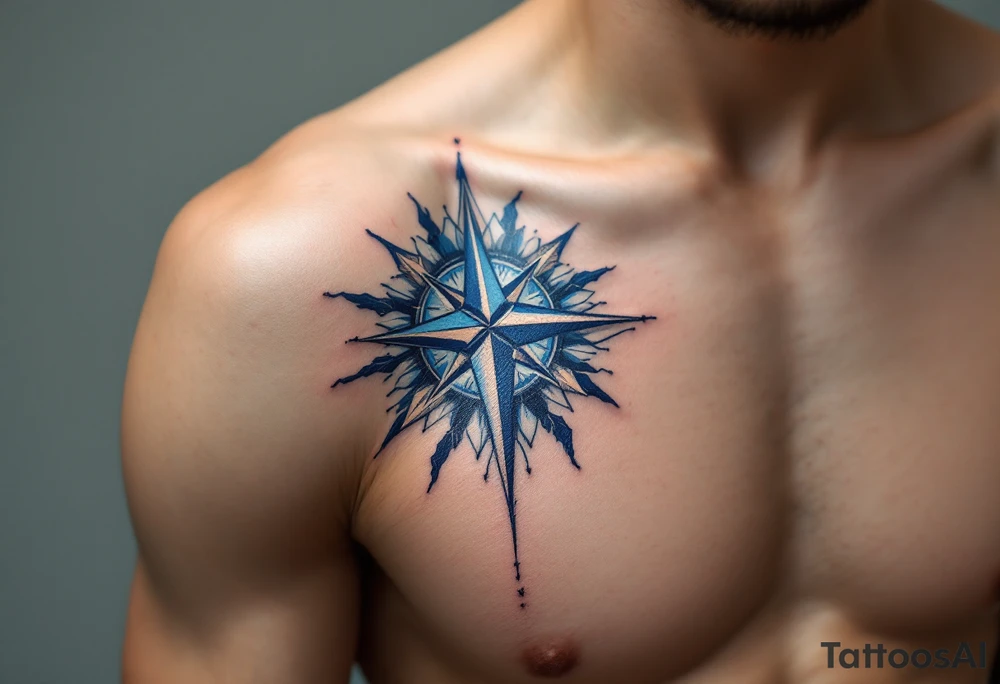 Matching royal blue compass roses, the first tattoo large on the chest and the second smaller on the shoulder blade. tattoo idea