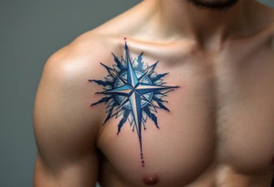 Matching royal blue compass roses, the first tattoo large on the chest and the second smaller on the shoulder blade. tattoo idea