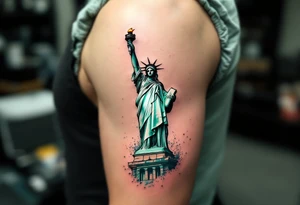The Statue of Liberty in fine-line detail with a green patina wash, symbolizing hope and freedom. tattoo idea