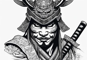 samurai with a hannya mask that covers half of his face who is in a slightly tilted posture holding a katana in an attack position tattoo idea