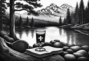 cross, campfire, golf , whiskey glass, cabin tattoo idea