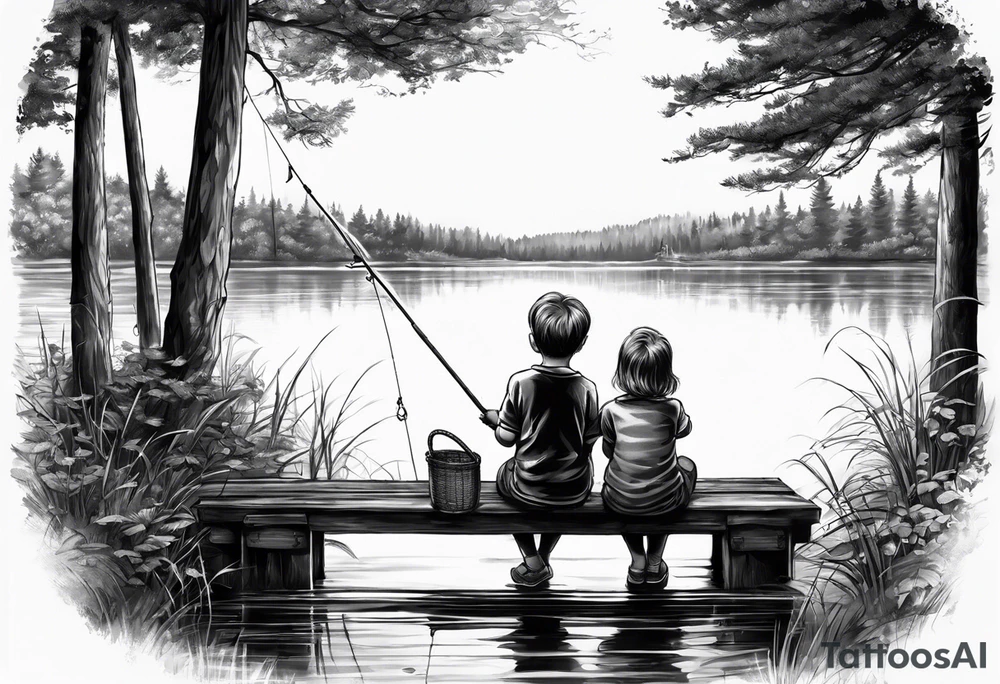 forearm tattoo set on a dock on a lake. There is a little boy sitting next to a little girl. The little boy is fishing and the little girl is reading. There are trees surrounding the lake. tattoo idea