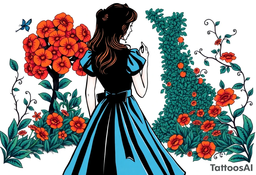 Alice (from Alice in wonderland) silhouette wearing a blue dress. Perspective from the back. She is entering a garden and seeing an orange tree. tattoo idea