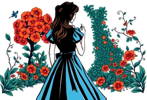 Alice (from Alice in wonderland) silhouette wearing a blue dress. Perspective from the back. She is entering a garden and seeing an orange tree. tattoo idea