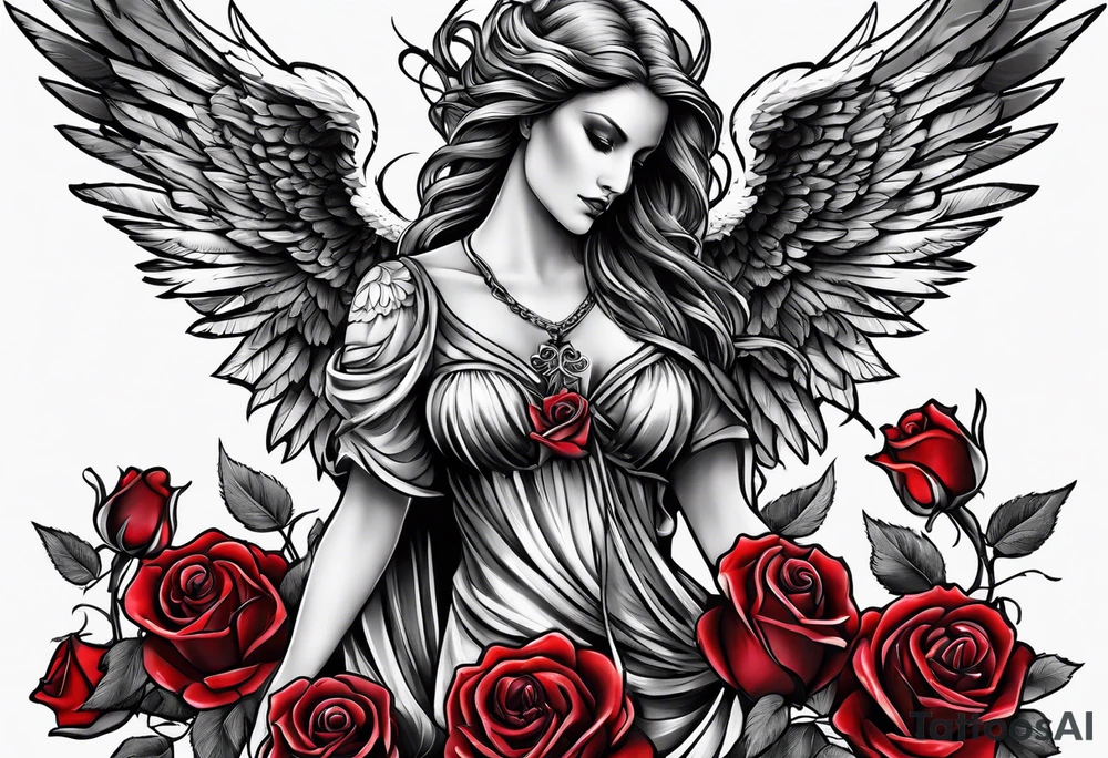 Angel of death with colored roses tattoo idea