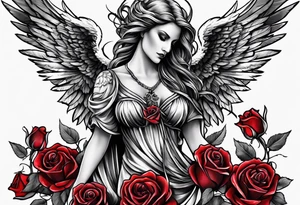 Angel of death with colored roses tattoo idea