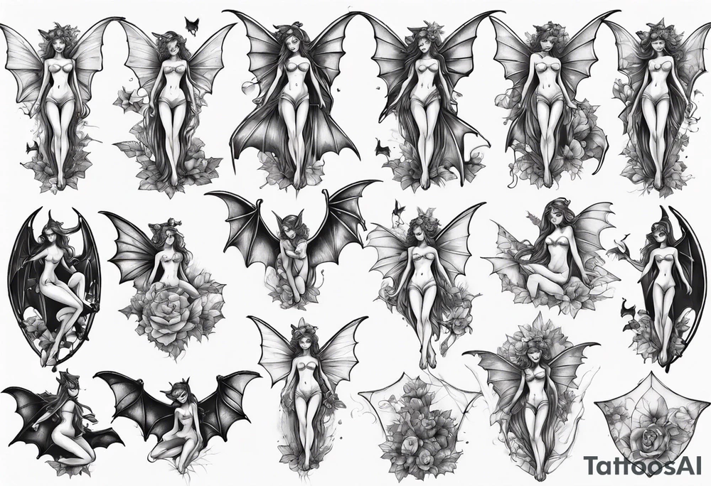 Fairy standing on top of bat tattoo idea