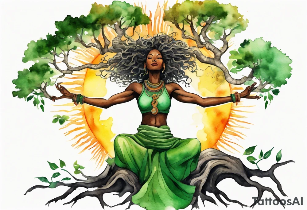 a tree trunk with roots that is a black woman from the waist up, feet made of tree roots, wearing a green tunic, arms stretched upwards towards the blazing sun tattoo idea