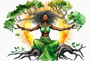 a tree trunk with roots that is a black woman from the waist up, feet made of tree roots, wearing a green tunic, arms stretched upwards towards the blazing sun tattoo idea